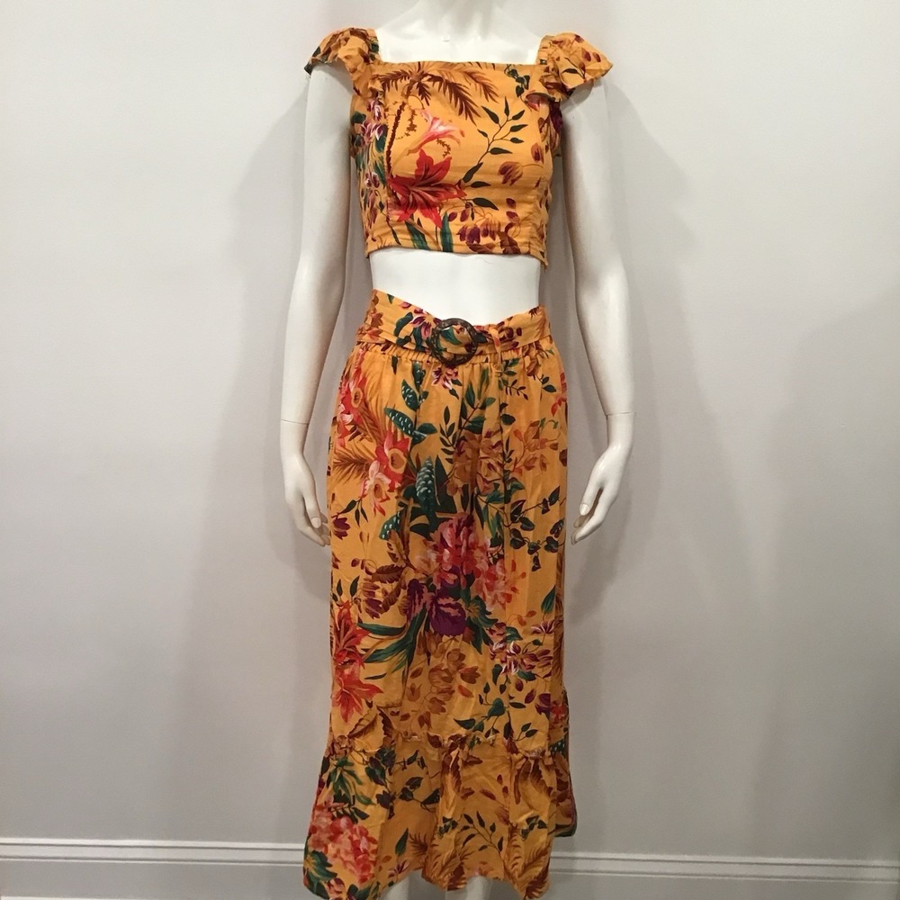 Rachel Roy Linen Skirt Set 3 Blouse Maxi Skirt Belt Floral Vacation Outfit Small
